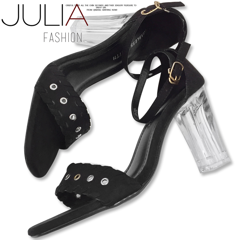 Giày sandal gót vuông GV630 đế trong quai ngang đục lỗ sang chảnh (kem, đen)