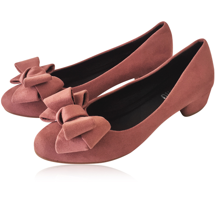 Giày gót vuông búp bê 3cm đính nơ (Hồng)