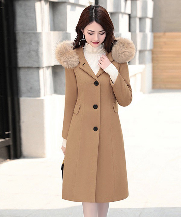 Áo khoác Dạ măng tô dài cổ Lông rời cao cấp (màu Kem) AK4118VN size S,M,L,XL,XXL