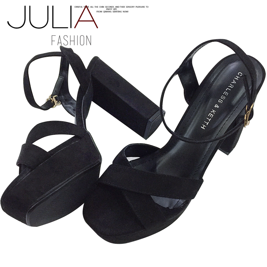 Giày cq gót vuông da nhung GV531 quai chéo (Đen)