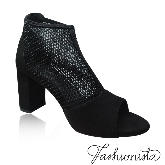 Giày Boot lưới gót vuông hở mũi da nhung (Đen) 37