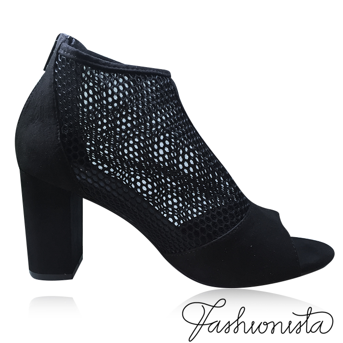 Giày Boot lưới gót vuông hở mũi da nhung (Đen) 37