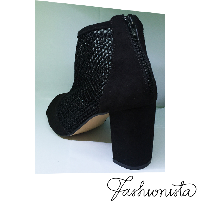 Giày Boot lưới gót vuông hở mũi da nhung (Đen) 37