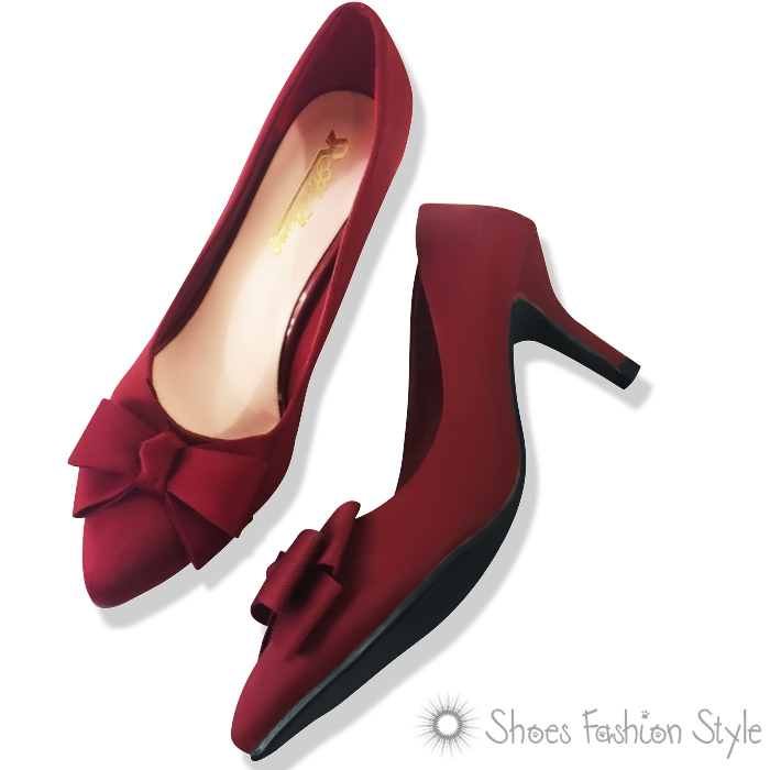 Giày cao gót mũi nhọn đính nơ thanh lịch 7cm King Mart (size 37) Đỏ đô