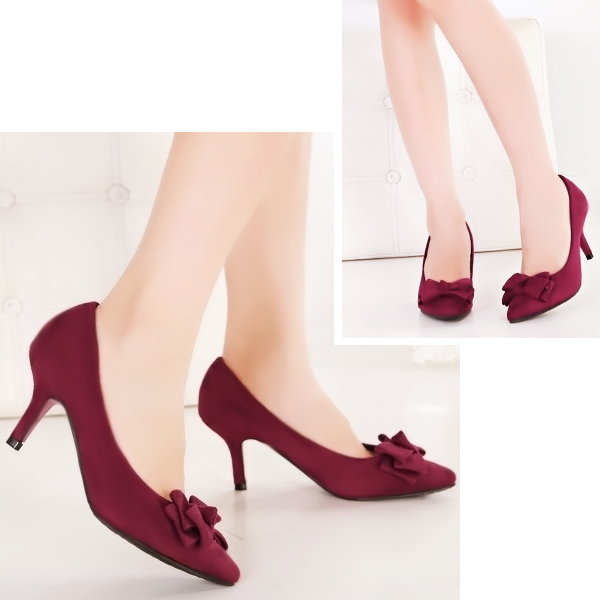 Giày cao gót mũi nhọn đính nơ thanh lịch 7cm King Mart (size 37) Đỏ đô