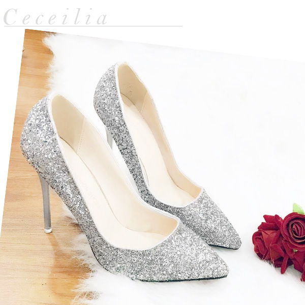 Giày cao gót mũi nhọn Ceceilia kim tuyến sang trọng (size 37, bạc ánh kim)