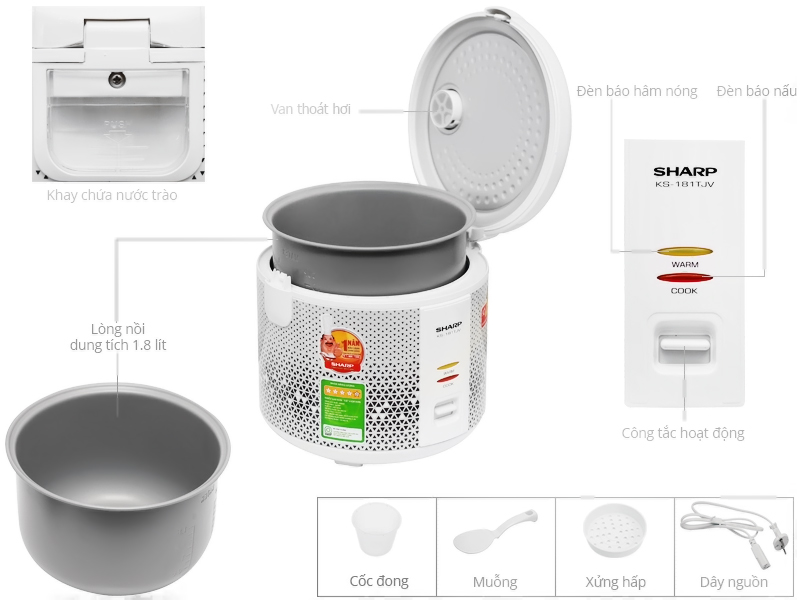 Nồi cơm điện nắp gài Sharp KS-181 TJV 1.8 Lít - Hàng chính hãng